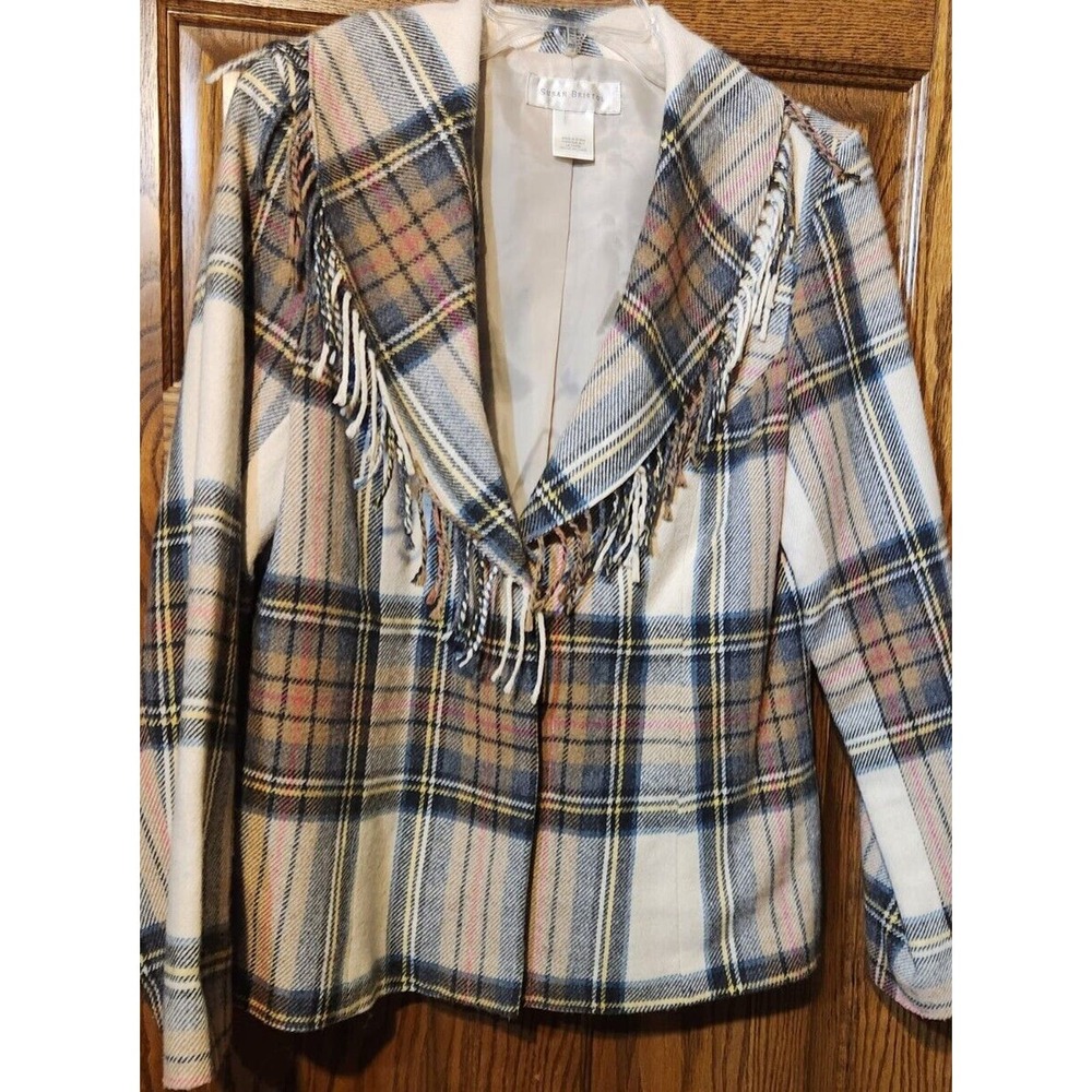 Dana Buchman Cream Plaid Fringe Trim Women's Sweater Jacket